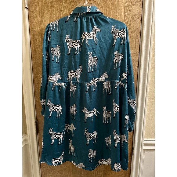 Umgee Boutique Satin Zebra Babydoll Top Dress Turquoise Button Down Flowy Sz L - Picture 2 of 11